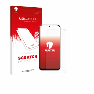 Parte frontale di una confezione del prodotto con il logo del marchio upscreen. Accanto è raffigurato il dispositivo Nubia V80