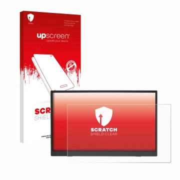 Parte frontale di una confezione del prodotto con il logo del marchio upscreen. Accanto è raffigurato il dispositivo Acer PM19