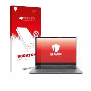 Parte frontale di una confezione del prodotto con il logo del marchio upscreen. Accanto è raffigurato il dispositivo ASUS Expe