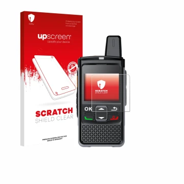 Parte frontale di una confezione del prodotto con il logo del marchio upscreen. Accanto è raffigurato il dispositivo Hytera PN