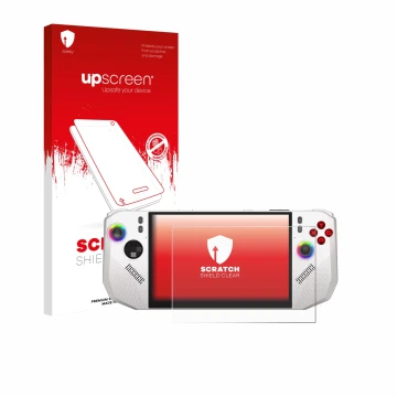 Parte frontale di una confezione del prodotto con il logo del marchio upscreen. Accanto è raffigurato il dispositivo MSI Claw 