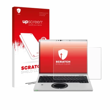 Parte frontale di una confezione del prodotto con il logo del marchio upscreen. Accanto è raffigurato il dispositivo Panasonic