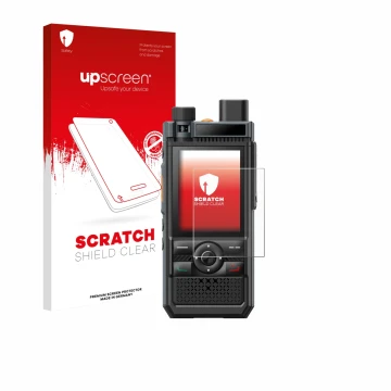 Parte frontale di una confezione del prodotto con il logo del marchio upscreen. Accanto è raffigurato il dispositivo Hytera P5