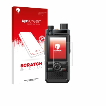 Parte frontale di una confezione del prodotto con il logo del marchio upscreen. Accanto è raffigurato il dispositivo Hytera P5