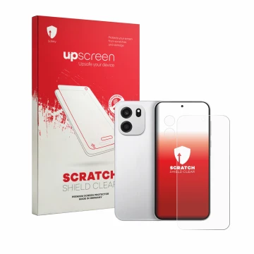 Parte frontale di una confezione del prodotto con il logo del marchio upscreen. Accanto è raffigurato il dispositivo OnePlus T