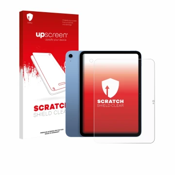 Parte frontale di una confezione del prodotto con il logo del marchio upscreen. Accanto è raffigurato il dispositivo Apple iPa