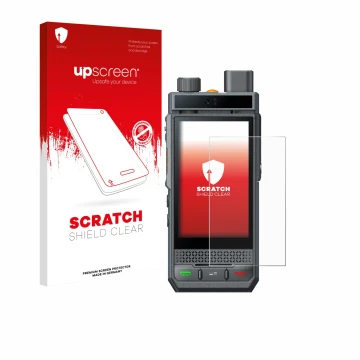 Parte frontale di una confezione del prodotto con il logo del marchio upscreen. Accanto è raffigurato il dispositivo Hytera P6