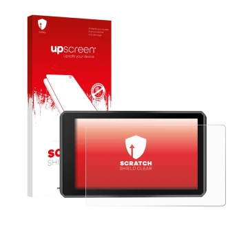 Parte frontale di una confezione del prodotto con il logo del marchio upscreen. Accanto è raffigurato il dispositivo Garmin zu