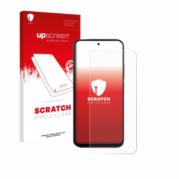 Parte frontale di una confezione del prodotto con il logo del marchio upscreen. Accanto è raffigurato il dispositivo Oppo A6x 
