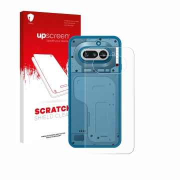 Parte frontale di una confezione del prodotto con il logo del marchio upscreen. Accanto è raffigurato il dispositivo Nothing P