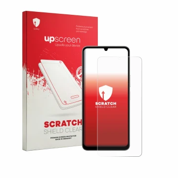Parte frontale di una confezione del prodotto con il logo del marchio upscreen. Accanto è raffigurato il dispositivo Vivo Y11 