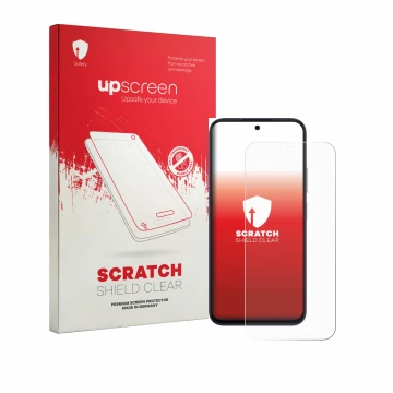 Parte frontale di una confezione del prodotto con il logo del marchio upscreen. Accanto è raffigurato il dispositivo Oppo A6k 