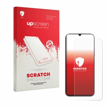 Parte frontale di una confezione del prodotto con il logo del marchio upscreen. Accanto è raffigurato il dispositivo realme C1