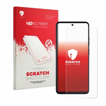 Parte frontale di una confezione del prodotto con il logo del marchio upscreen. Accanto è raffigurato il dispositivo Motorola 