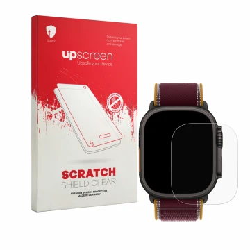 Parte frontale di una confezione del prodotto con il logo del marchio upscreen. Accanto è raffigurato il dispositivo Apple Wat
