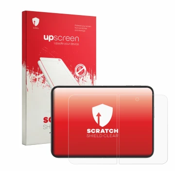 Parte frontale di una confezione del prodotto con il logo del marchio upscreen. Accanto è raffigurato il dispositivo Apple iPh