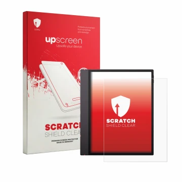Parte frontale di una confezione del prodotto con il logo del marchio upscreen. Accanto è raffigurato il dispositivo Boox Note