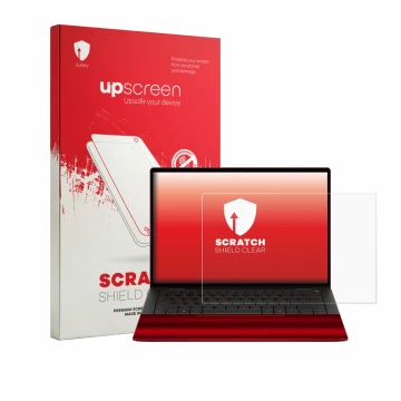 Parte frontale di una confezione del prodotto con il logo del marchio upscreen. Accanto è raffigurato il dispositivo HP Scuder