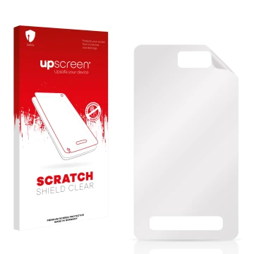 Parte frontale di una confezione del prodotto con il logo del marchio upscreen. Accanto si trova la protezione per lo schermo 