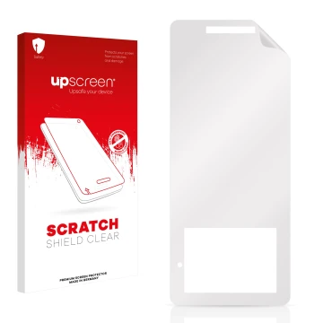 Parte frontale di una confezione del prodotto con il logo del marchio upscreen. Accanto si trova la protezione per lo schermo 