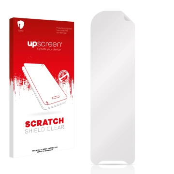 Parte frontale di una confezione del prodotto con il logo del marchio upscreen. Accanto si trova la protezione per lo schermo 