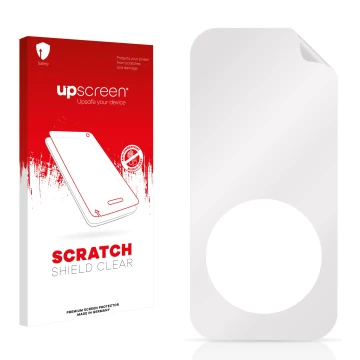 Parte frontale di una confezione del prodotto con il logo del marchio upscreen. Accanto si trova la protezione per lo schermo 