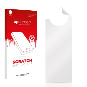 Parte frontale di una confezione del prodotto con il logo del marchio upscreen. Accanto si trova la protezione per lo schermo 