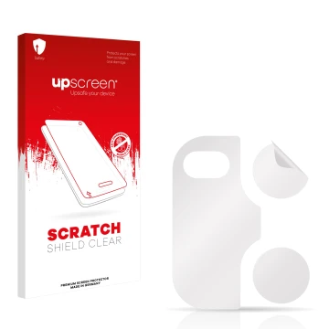 Parte frontale di una confezione del prodotto con il logo del marchio upscreen. Accanto si trova la protezione per lo schermo 