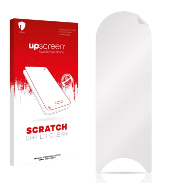 Parte frontale di una confezione del prodotto con il logo del marchio upscreen. Accanto si trova la protezione per lo schermo 
