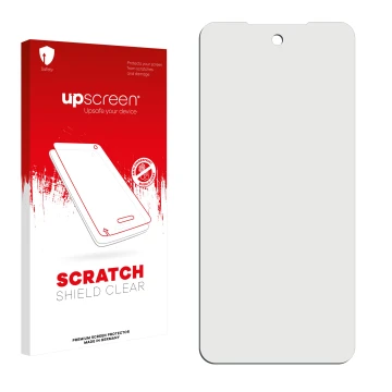 Parte frontale di una confezione del prodotto con il logo del marchio upscreen. Accanto si trova la protezione per lo schermo 