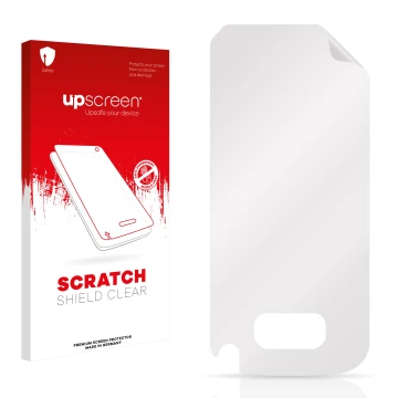 Parte frontale di una confezione del prodotto con il logo del marchio upscreen. Accanto si trova la protezione per lo schermo 