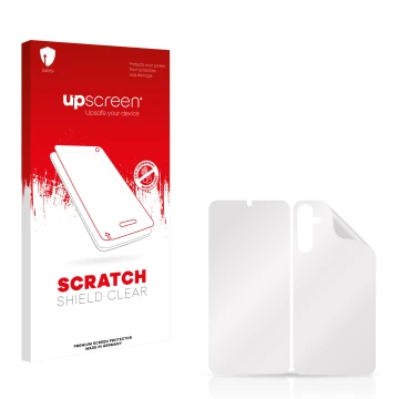 Parte frontale di una confezione del prodotto con il logo del marchio upscreen. Accanto si trova la protezione per lo schermo 