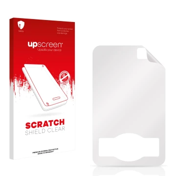 Parte frontale di una confezione del prodotto con il logo del marchio upscreen. Accanto si trova la protezione per lo schermo 
