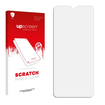 Parte frontale di una confezione del prodotto con il logo del marchio upscreen. Accanto si trova la protezione per lo schermo 