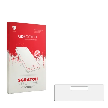 Parte frontale di una confezione del prodotto con il logo del marchio upscreen. Accanto si trova la protezione per lo schermo 