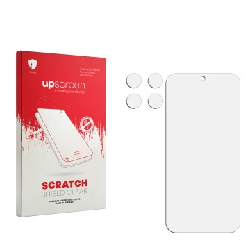 Parte frontale di una confezione del prodotto con il logo del marchio upscreen. Accanto si trova la protezione per lo schermo 