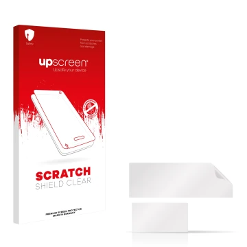 Parte frontale di una confezione del prodotto con il logo del marchio upscreen. Accanto si trova la protezione per lo schermo 