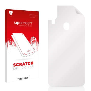 Parte frontale di una confezione del prodotto con il logo del marchio upscreen. Accanto si trova la protezione per lo schermo 