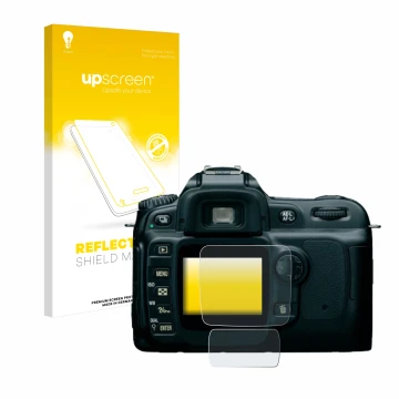 Parte frontale di una confezione del prodotto con il logo del marchio upscreen. Accanto è raffigurato il dispositivo Nikon D50
