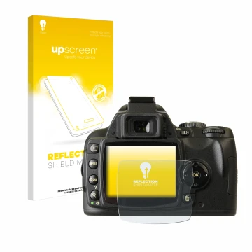 Parte frontale di una confezione del prodotto con il logo del marchio upscreen. Accanto è raffigurato il dispositivo Nikon D40