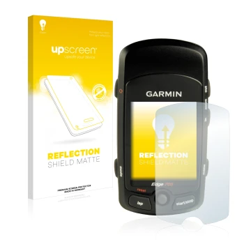 Parte frontale di una confezione del prodotto con il logo del marchio upscreen. Accanto è raffigurato il dispositivo Garmin Ed