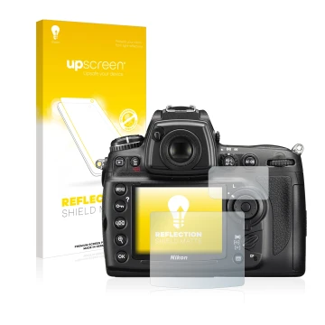 Parte frontale di una confezione del prodotto con il logo del marchio upscreen. Accanto è raffigurato il dispositivo Nikon D70
