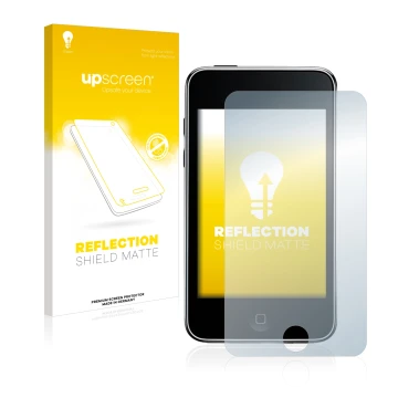 Parte frontale di una confezione del prodotto con il logo del marchio upscreen. Accanto è raffigurato il dispositivo Apple iPo