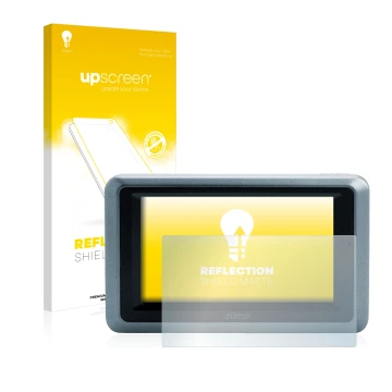 Parte frontale di una confezione del prodotto con il logo del marchio upscreen. Accanto è raffigurato il dispositivo Garmin zu