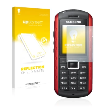 Parte frontale di una confezione del prodotto con il logo del marchio upscreen. Accanto è raffigurato il dispositivo Samsung B