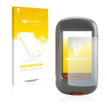 Parte frontale di una confezione del prodotto con il logo del marchio upscreen. Accanto è raffigurato il dispositivo Garmin Da