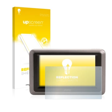 Parte frontale di una confezione del prodotto con il logo del marchio upscreen. Accanto è raffigurato il dispositivo Garmin zu