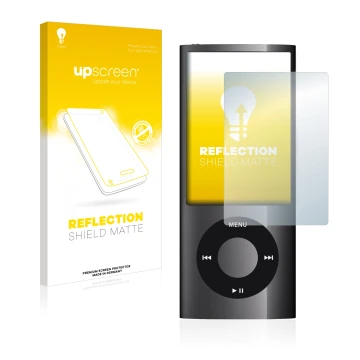 Parte frontale di una confezione del prodotto con il logo del marchio upscreen. Accanto è raffigurato il dispositivo Apple iPo