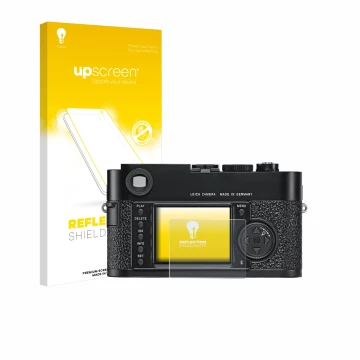 Parte frontale di una confezione del prodotto con il logo del marchio upscreen. Accanto è raffigurato il dispositivo Leica M9 