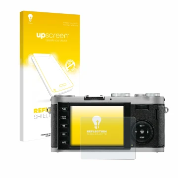 Parte frontale di una confezione del prodotto con il logo del marchio upscreen. Accanto è raffigurato il dispositivo Leica X1 